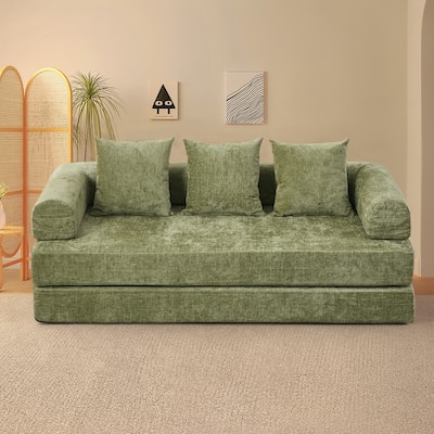 Modern Minimalist Compressed Chenille Upholstered Convertible Two-Seater Sofa Bed with Storage Pockets