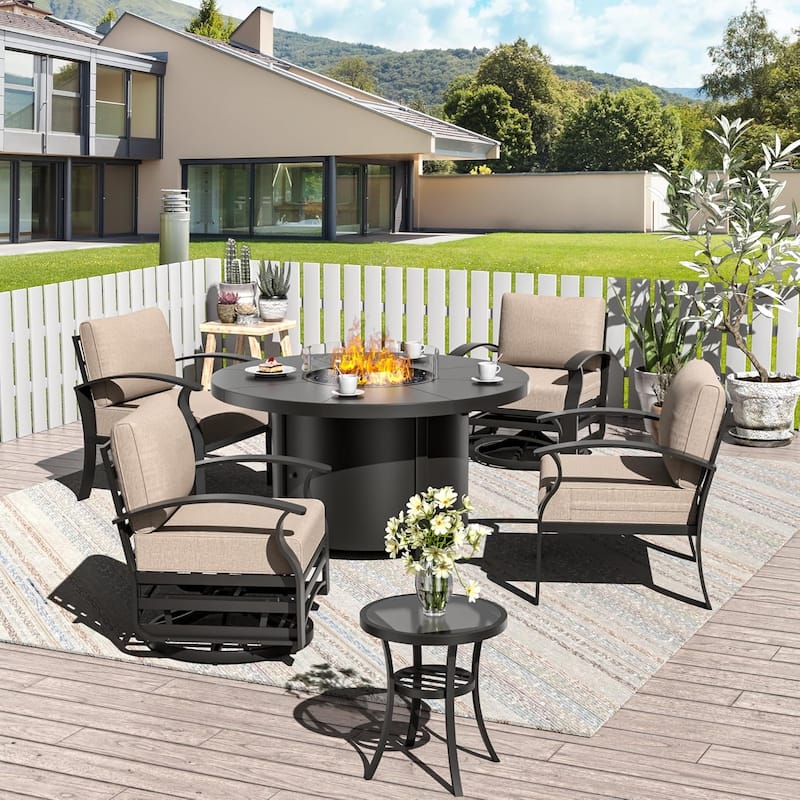 Patio Aluminum Sofa with Armrests, Outdoor Conversation Set with Round Fire Pit Table 5inch Thick Seat Cushions