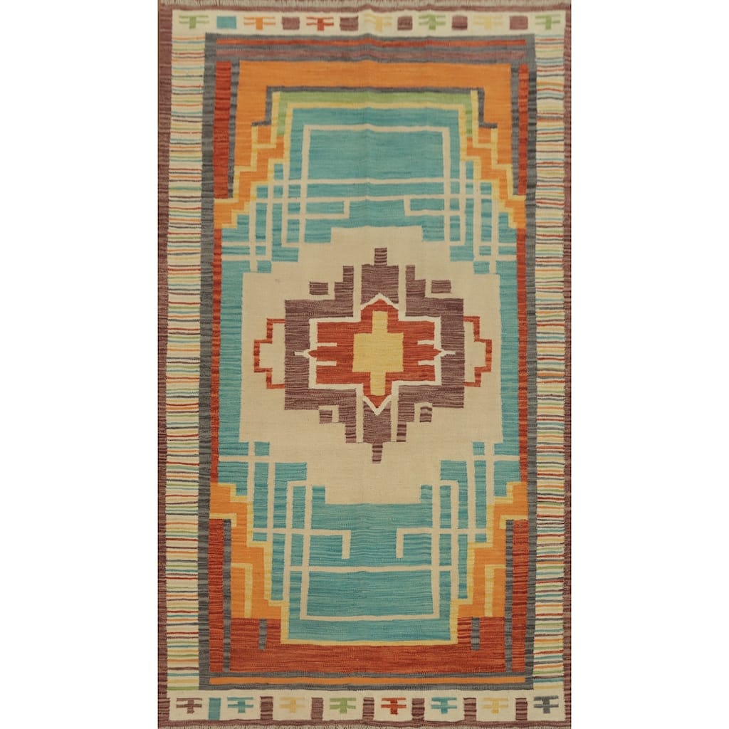 Hand Woven Southwestern Wool Multi-Colored Geometric Area Rug - 8' 1'' X 4' 10''