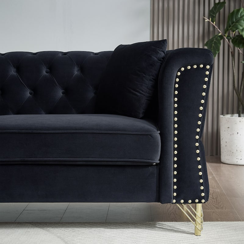 60.2" Chesterfield Sofa Beige Velvet for Living Room, 2 Seater Sofa Tufted Couch with Metal Foot and Nailhead for Living Room, B - N/A