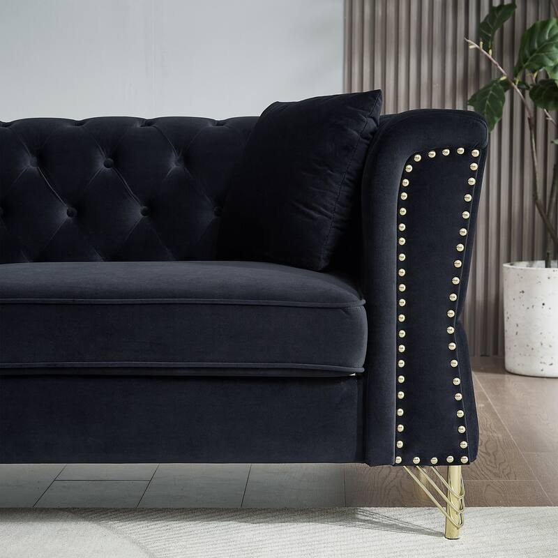 Black 60.2'' Velvet 2-Seater Sofa with Metal Feet, Nailhead Trim, and Foam Padding