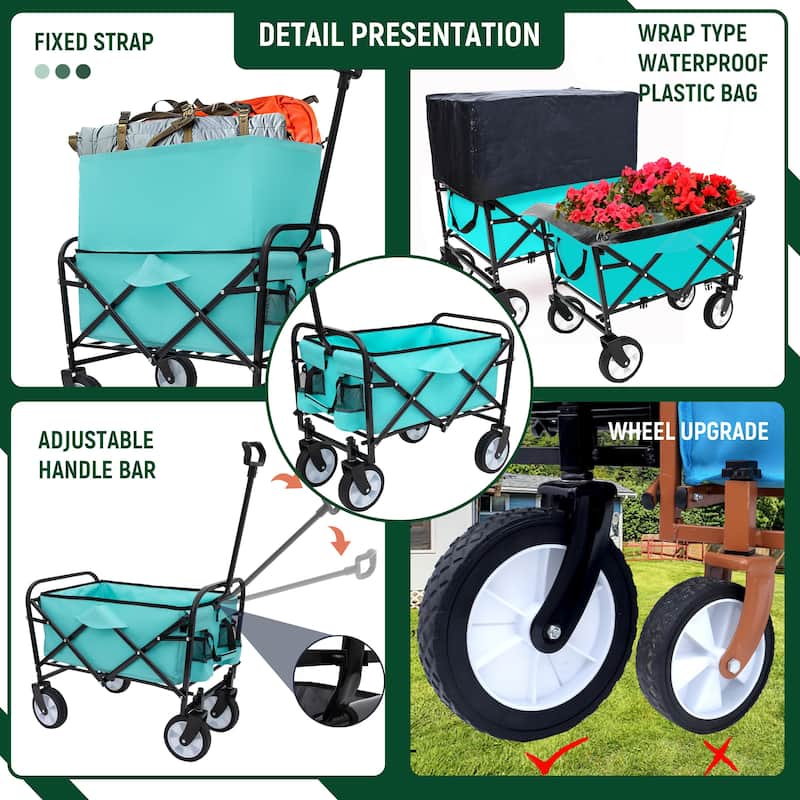 Heavy-Duty Collapsible Wagon with 3-Piece Multi-Use Bag Set - Utility Cart with Liner Covers, Blue