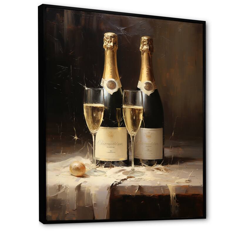 Designart "Cellars Silence Champagne Bottle I" Champagne Framed Canvas Art Print