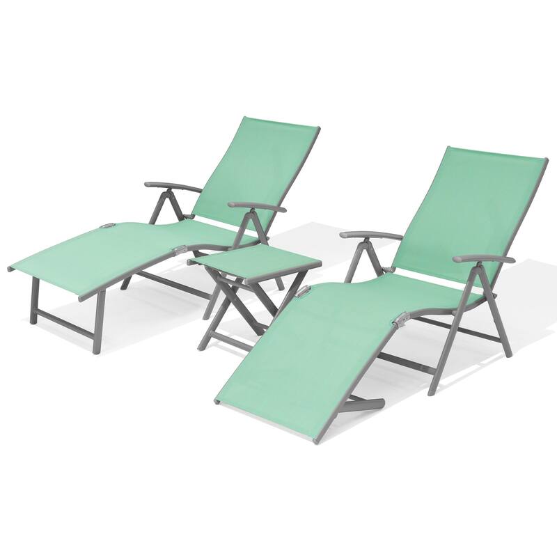 VredHom Outdoor Portable Folding Chaise Lounge Chair with Table (Set of 3) - 70" L x 20" W x 14" H
