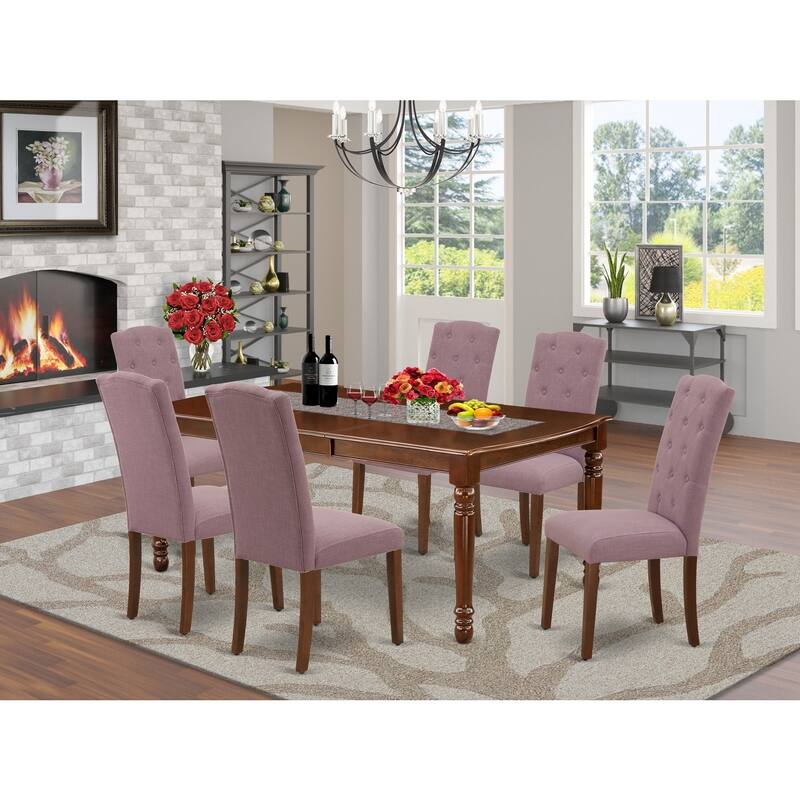 7-Piece Dinette Set - Kitchen Table with Leaf & 6 Parsons Chairs - Mahogany Finish - 78