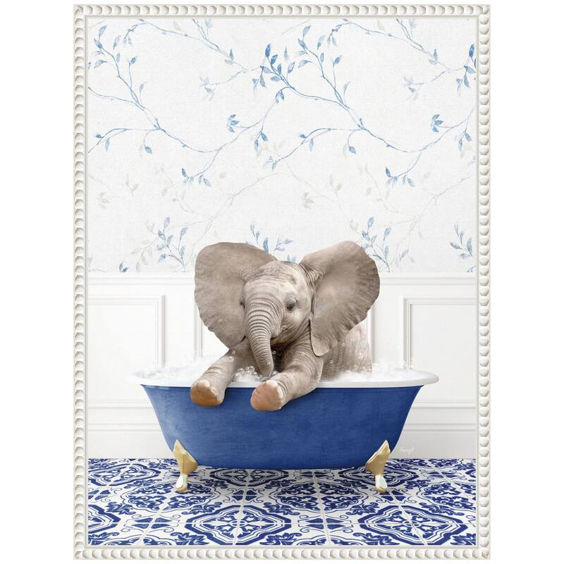 Kate and Laurel Sylvie Baby Elephant No6 in Eclectic Blue Bath Framed Canvas by Amy Peterson
