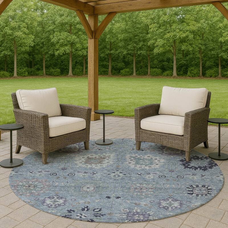 Machine Washable Indoor/ Outdoor Vintage Traditional Chantille Rug - Denim - 8' x 8'