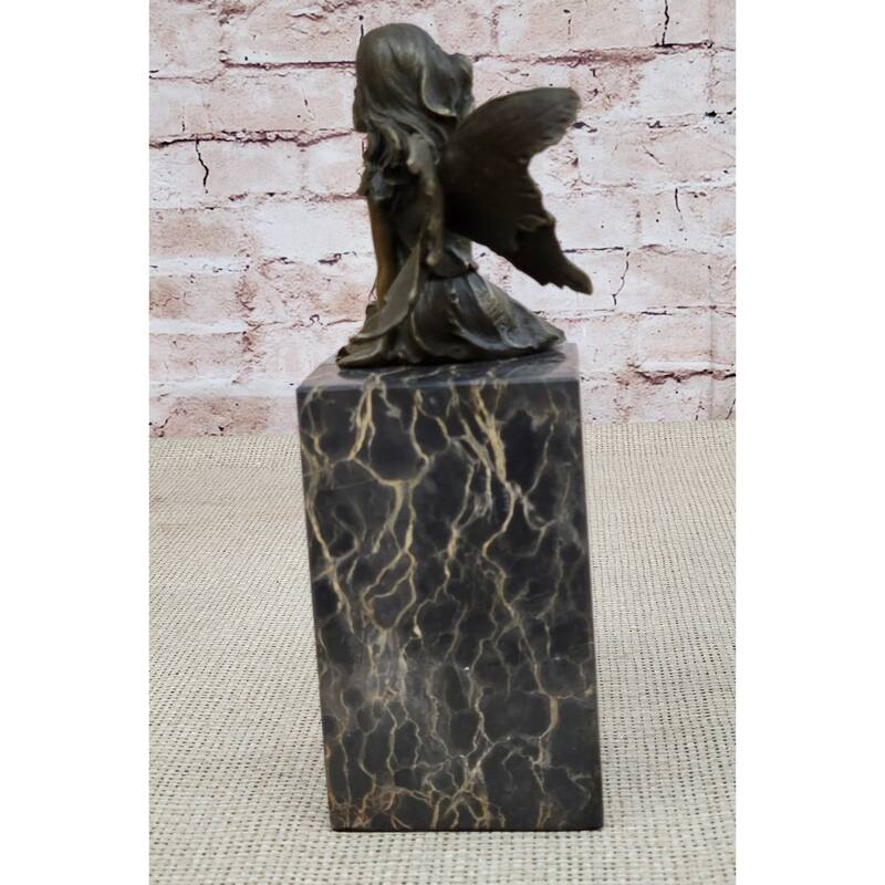 Hot Cast Bronze Sculpture Statue Young Child Fairy Angel Girl Holding Flower Marble Base