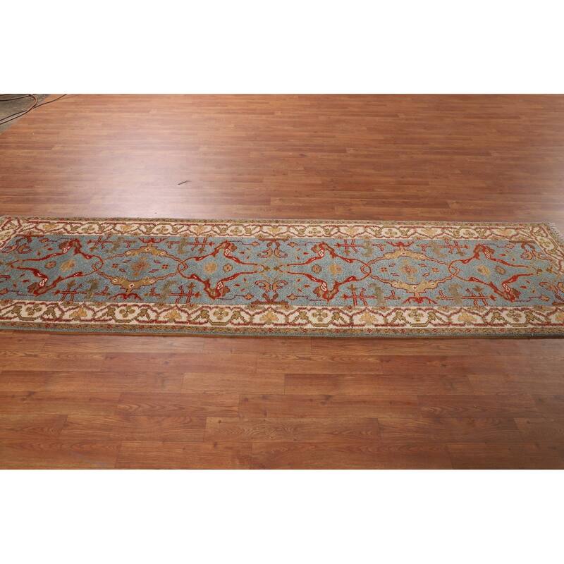 Light Blue Floral Oushak Indian Runner Rug Handmade Wool Carpet - 2'6"x 9'6"
