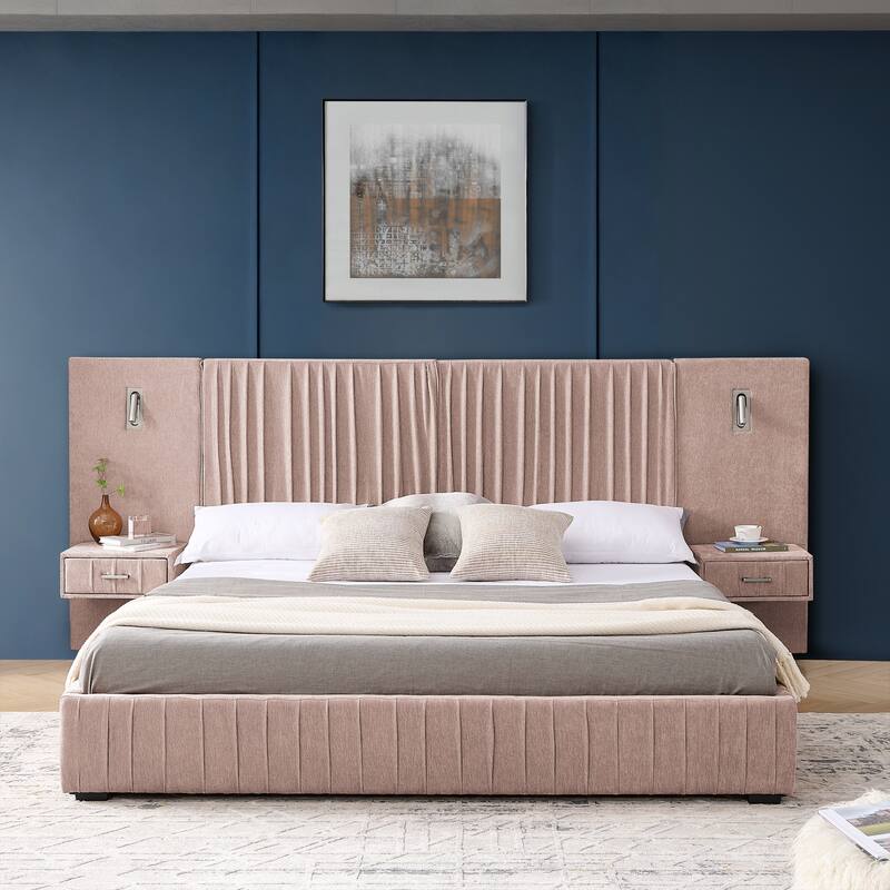 Chenille Upholstered Pleated Platform Bed Frame Wingback Headboard with Side Tables and Adjustable Lamps