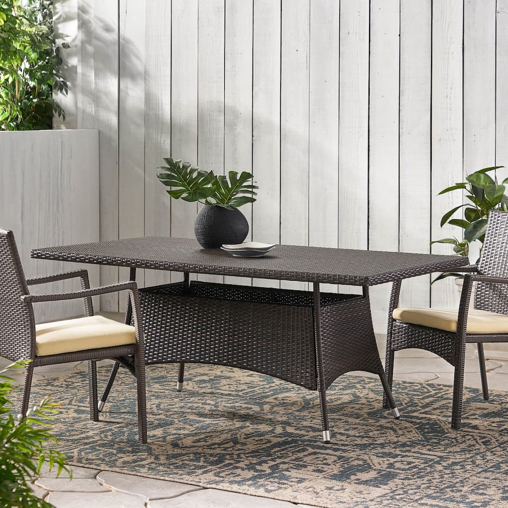 Roomfitters Corsica Brown Multi PE Wicker Outdoor Dining Table, Rectangular Patio Table, Powder-Coated Iron Frame