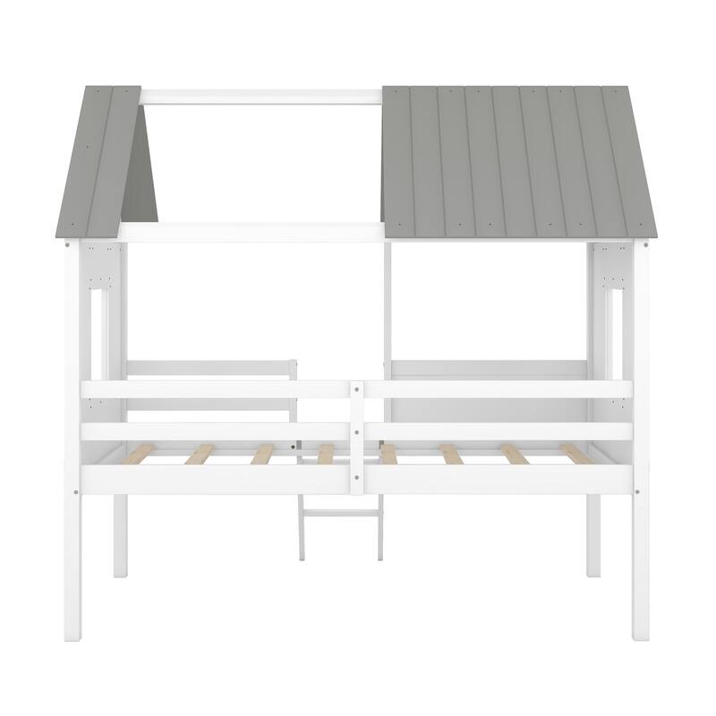 Twin Size Low Loft Wood House Bed with Two Side Windows in White and Gray