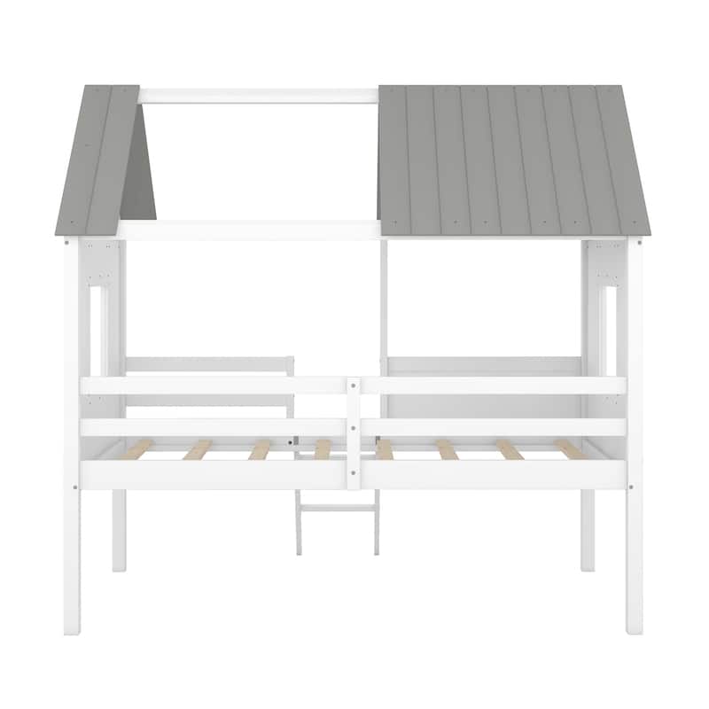 Twin Size Low Loft Wood House bed with Two Side Windows (White+Gray）