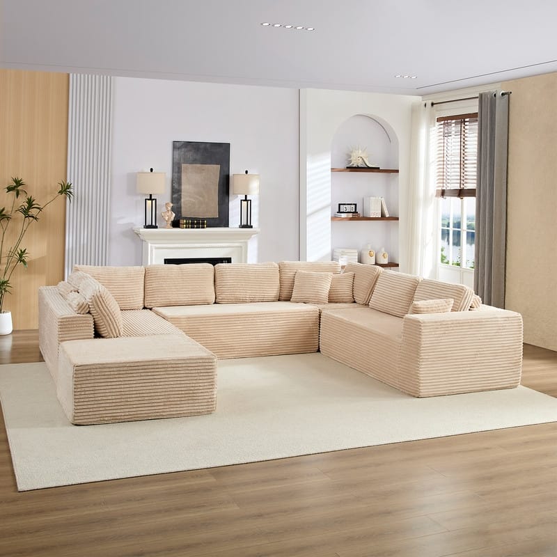 Corduroy 141'' Deep Seat Modular Sectional Sofa, Modern 8-Seater U-Shape Sofa Couch with Moveable Ottoman - Beige - Symmetrical