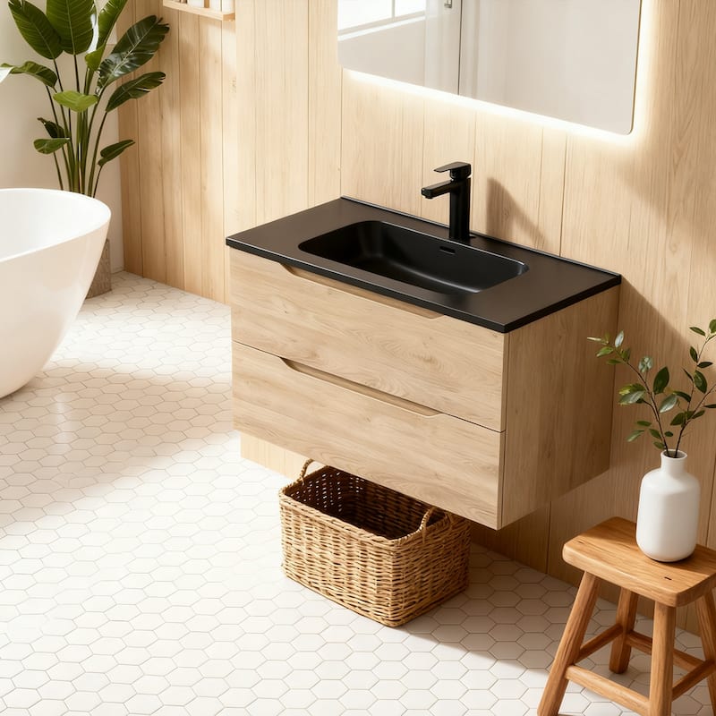 RupheonD 24"-48" Floating Bath Vanity in Evita Oak with Black Quartz Top