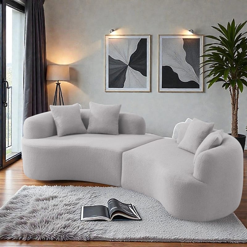 Curved Four Seater Compression Sofa 106.7", Teddy Velvet Cloud Couch, No Assembly Sofa for Apartments - Grey