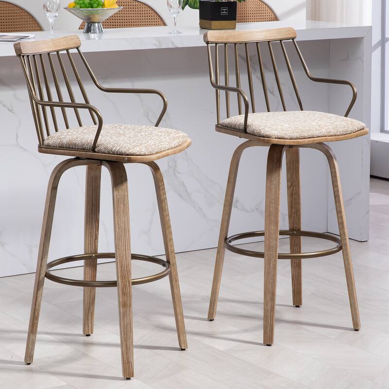 Beatrice Brown and White Woven Fabric Bar Stool with Natural Wood Legs