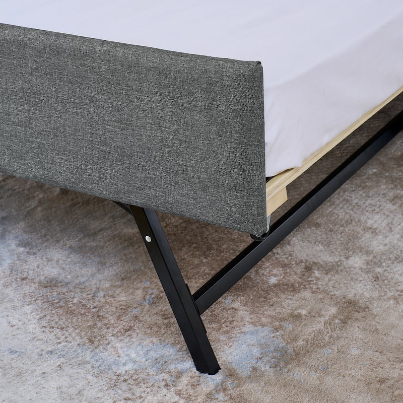 Linen Upholstered Bedframe Twin Daybed with Foldable Leg Pull Out Trundle, LED Lights, Storage Headboard and Wireless Charging