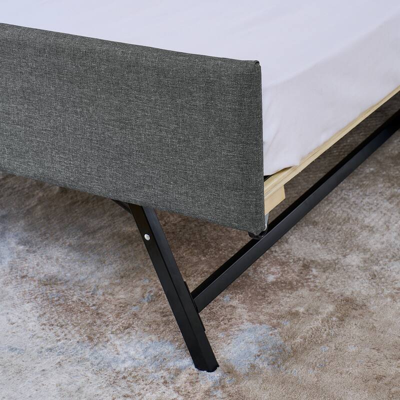 Roomfitters Twin Upholstered Daybed with LED Headboard Storage, Foldable-Leg Trundle & Wireless Charging