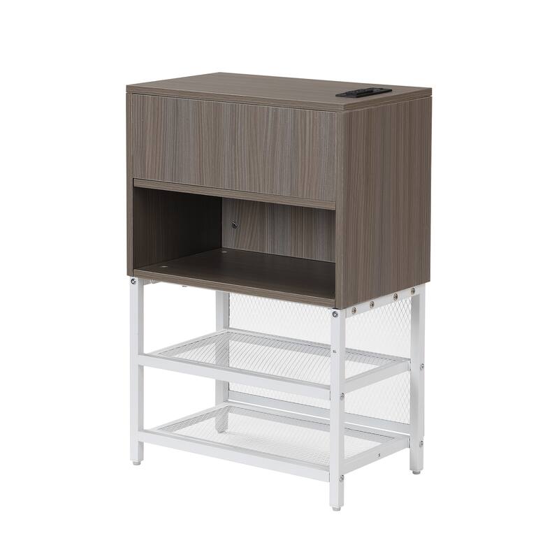 Twin Size Metal Platform Bed Frame with Two-Tier Storage Shelves and Wooden Cabinet, Sleek and Functional for Bedroom