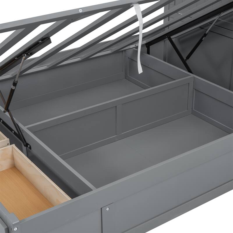 Wood FullSize Hydraulic Platform Bed w/LED Headboard, Charging Station