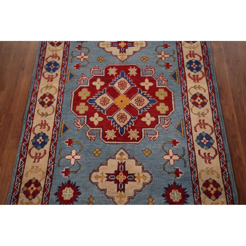 Light Blue Geometric Kazak Oriental Accent Rug Handmade Wool Carpet - 3'6" x 4'11"
