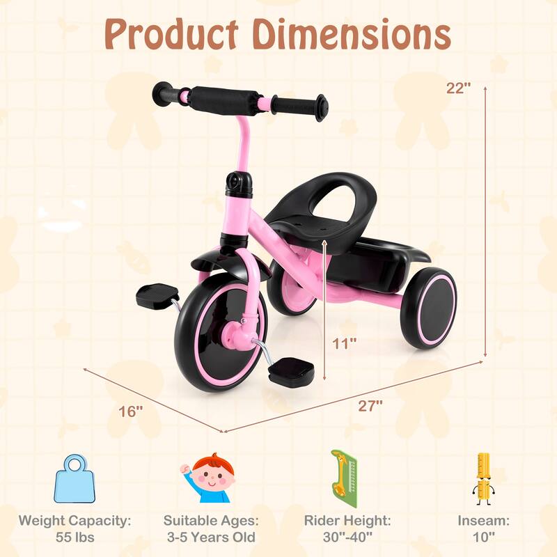 Pink Carbon Steel PP EVA Kids Trike with Adjustable Seat, Storage Basket, 55 lbs Capacity - 27" x 16" x 22"