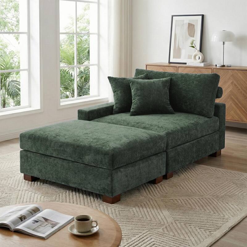 Modern Chenille Chaise Lounge Set with Ottoman - Lfet Facing - Green