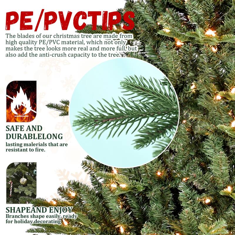 7.5FT Full-Shape Christmas Tree with 850 UL Lights-PE/PVC Mixed Branches,2441 Tips,Wide Base for Spacious Areas,Hinged Structure