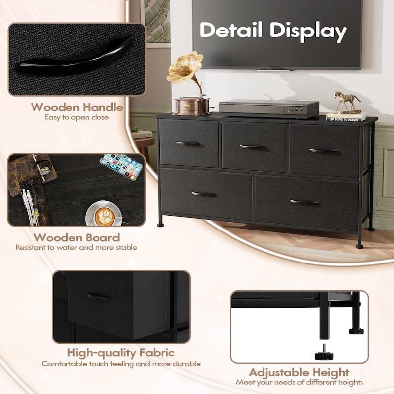 Furniwell 5 Drawer Fabric Dresser Wide Chest Of Drawers, Black