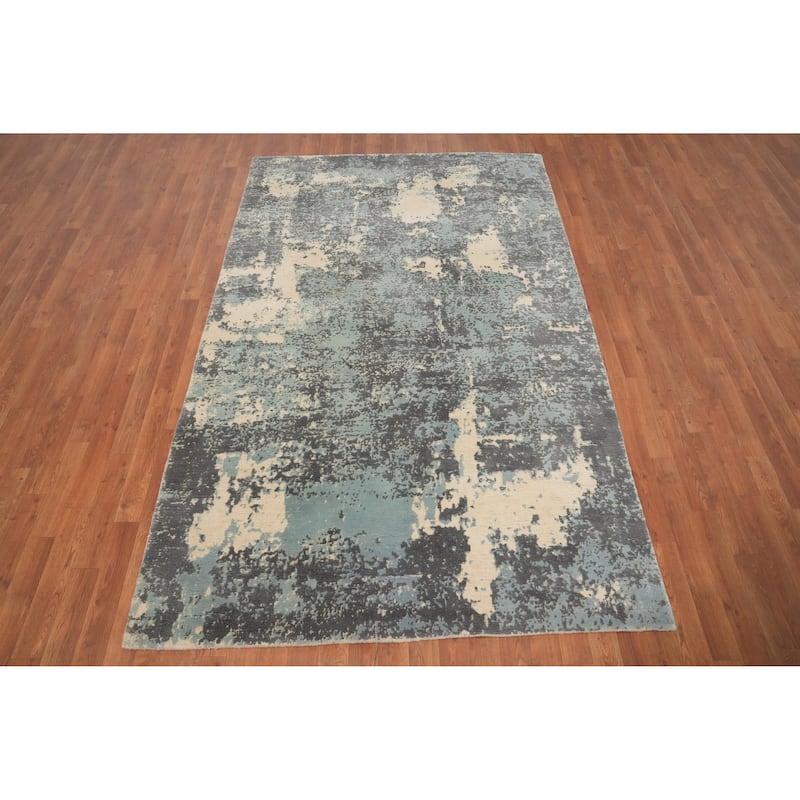 Hand Knotted Oriental Viscose Silk Carpet Modern Abstract Navy Blue & Blues Abstract Area Rug - 8' 1'' X 5' 1''