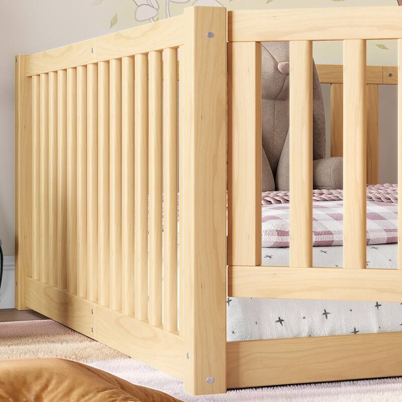 Montessori Floor Bed with Safety Guardrails & Door, Kids Low Profile Frame, Available in Queen/Full/Twin