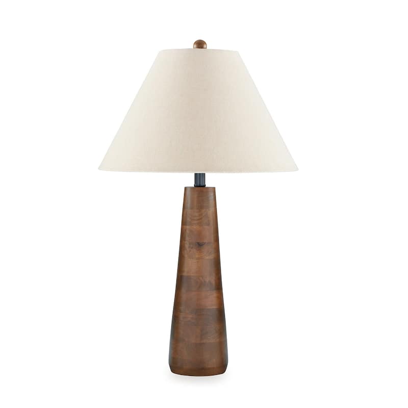 30 Inch Table Lamp, White Empire Fabric Shade, Tapered Brown Wood Frame