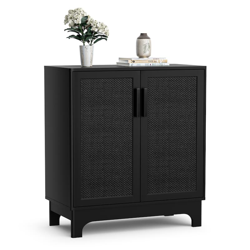 Anmytek Modern 2-Door Black Buffets Sideboards Rattan Kitchen Storage Cabinet with Adjustable Shelf - 31.5" W x 15.7" D x 35" H