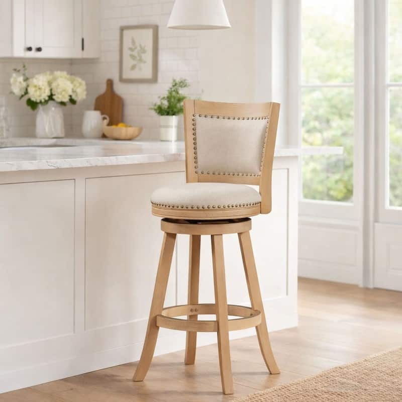 Melrose Wood Upholstered Swivel Counter Barstool - Cream Wire-Brush