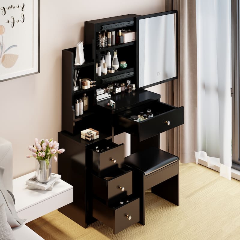 Make-Up Vanity Table and Stool with Sliding Mirror and Drawers