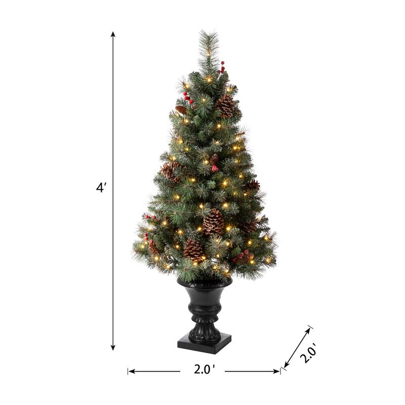 Glitzhome 4/5ft Pre-Lit Snow Flocked Christmas Tree in Pot, Berry Bow Wreath and Garland Set Xmas Decor