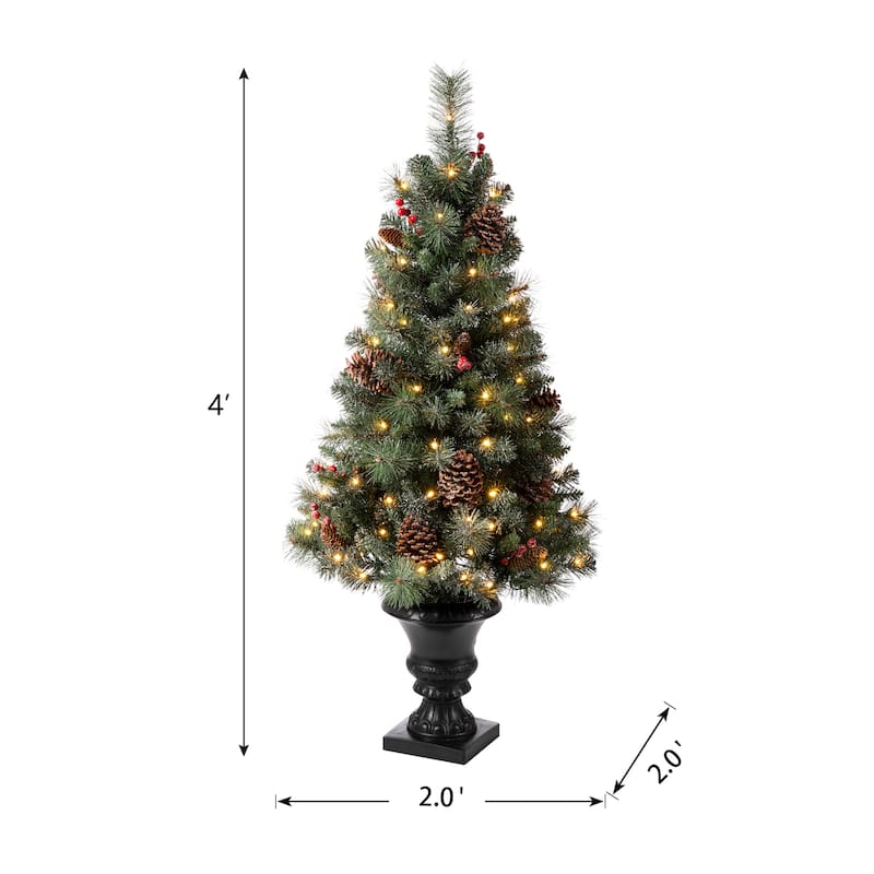 Glitzhome 4ft/5ft/6ft Flocked Pine Christmas Potted Tree with Warm White Lights Porch Decor