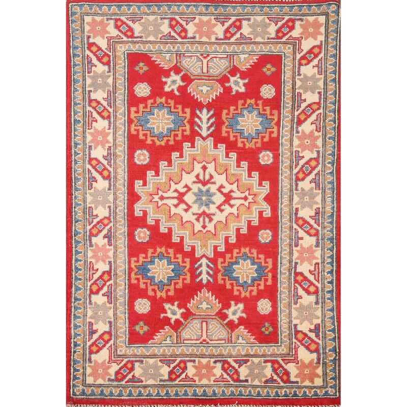 Geometric Red Kazak Oriental Accent Rug Handmade Wool Carpet - 2'9"x 4'2"