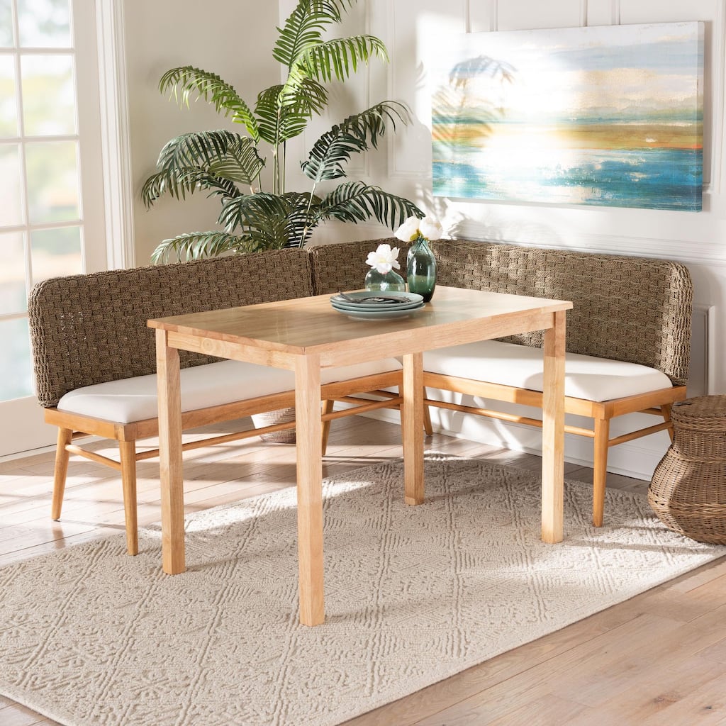 Denver Modern Bohemian Natural Seagrass and Acacia Wood Dining Nook Set