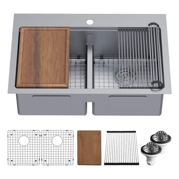 slide 2 of 12, Karran Elite WST-28-PK1 Top Mount 33" Double Bowl Stainless Steel Workstation Kitchen Sink