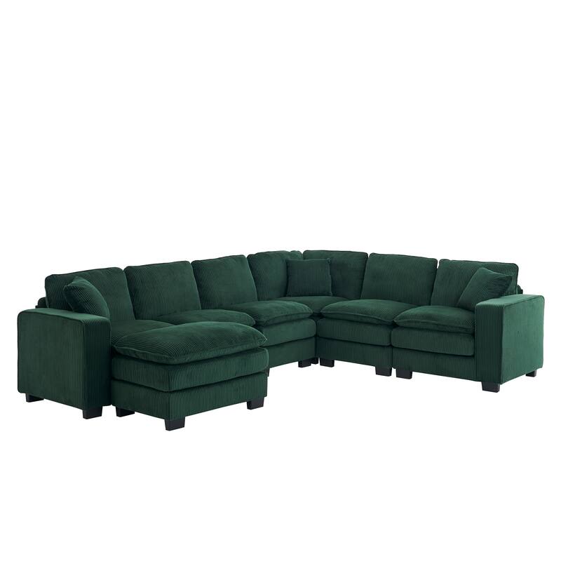 Modern U Shaped 6-seat Sectional Corduroy Sofa Couch with one Ottoman and three toss pillows ,Modular Sofa for Living Room