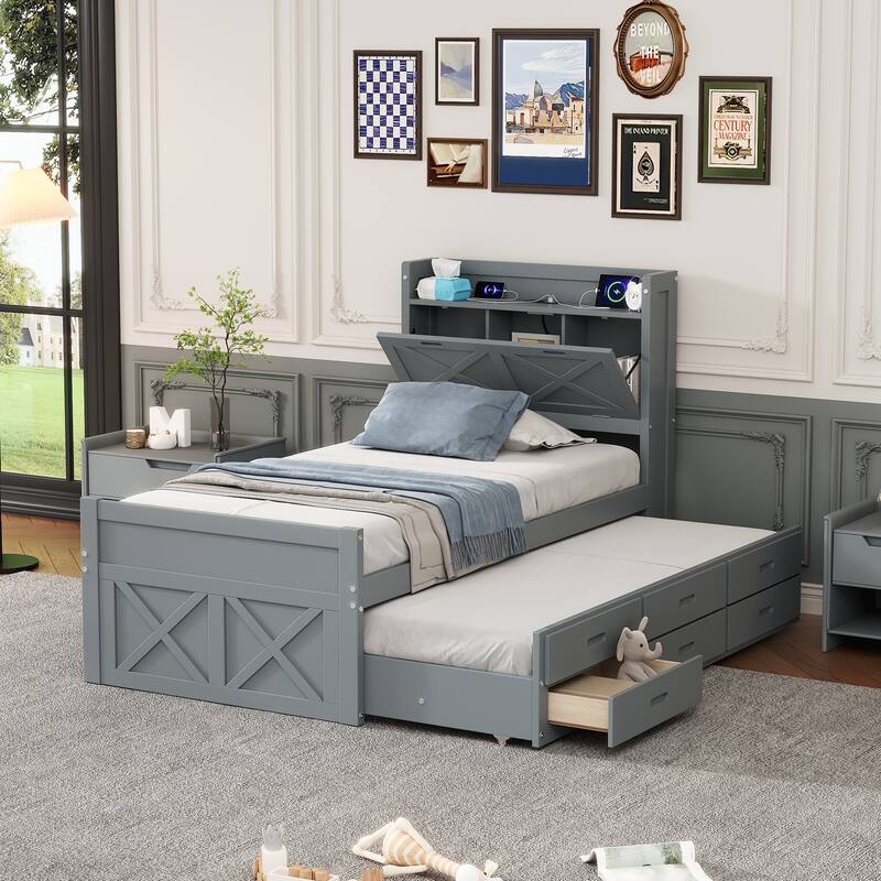 Twin Size Wooden Bed with Storage Headboard with Outlets - Grey