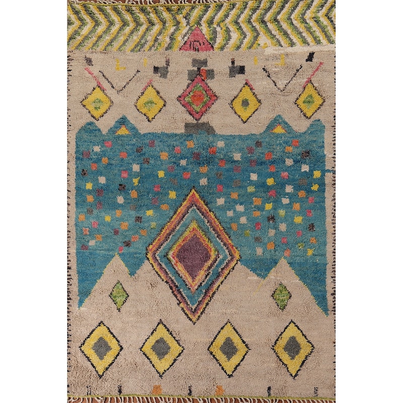 Geometric Plush Moroccan Rug Hand-Knotted Bedroom Wool Carpet - 7'1" x 10'3"