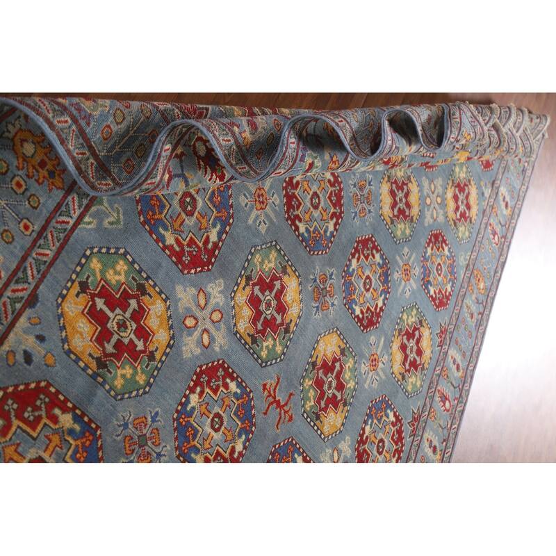 Hand Knotted Oriental 100% Wool Carpet Traditional All-Over Navy Blue & Blues Kazak Area Rug - 9' 8'' X 6' 9''