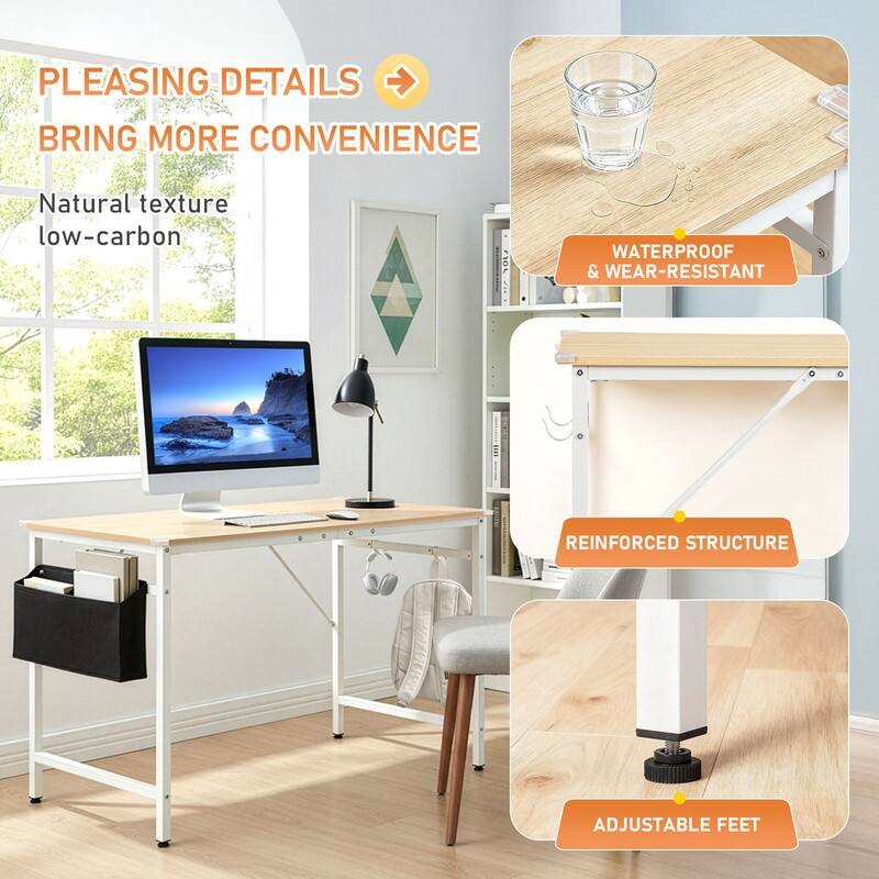 47.2” Computer Desk for Home Office - Study Writing Desk with Storage, Side Hooks & Adjustable Feet