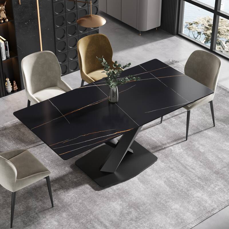 71"Marble Sintered Stone Dining Table with X-Shape Carbon Steel Pedestal