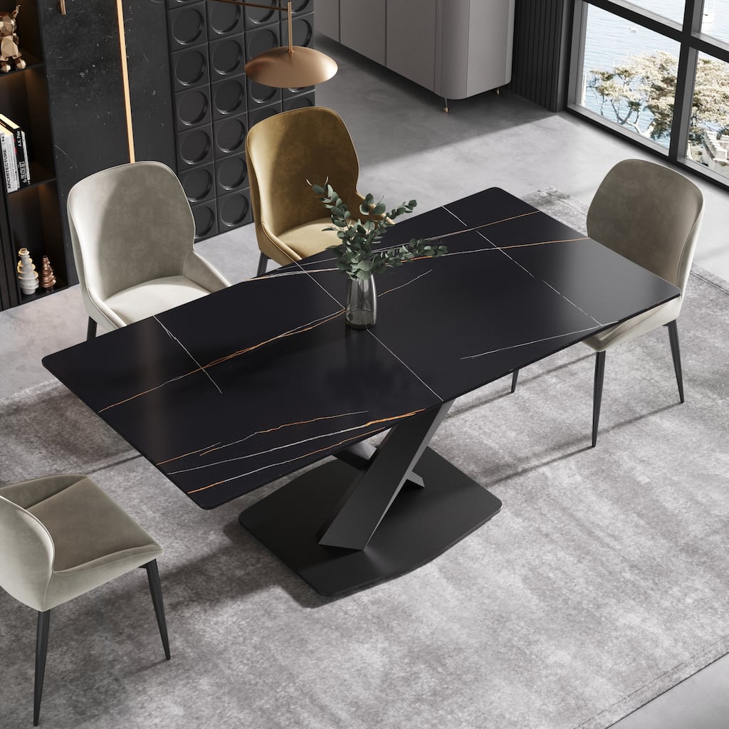 71"Marble Sintered Stone Dining Table with X-Shape Carbon Steel Pedestal