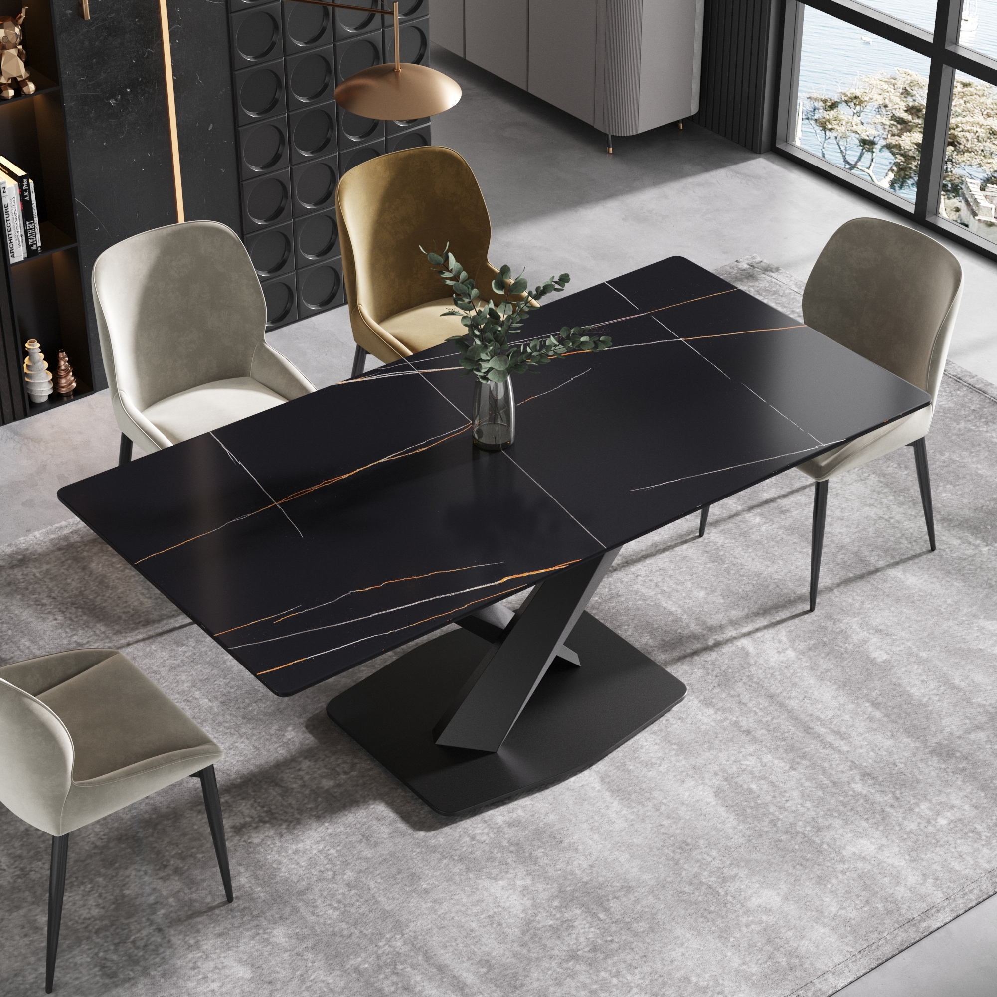 71"Marble Sintered Stone Dining Table with X-Shape Carbon Steel Pedestal