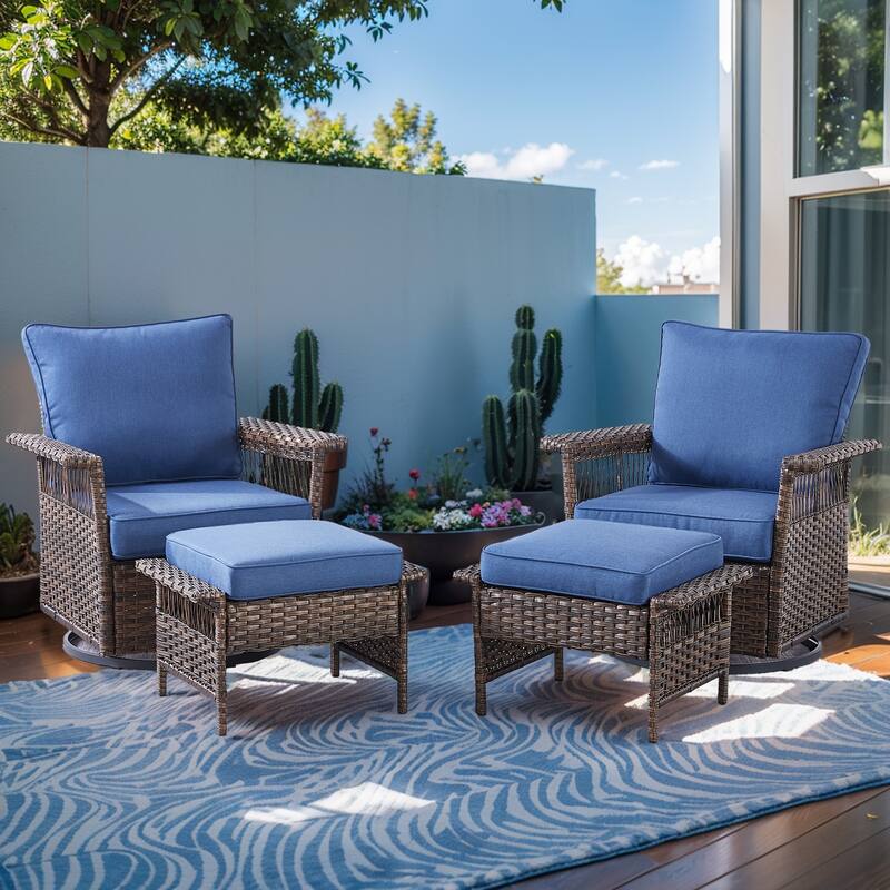 Outdoor Swivel Chair Gliders Chair Ottoman - Blue - Brown